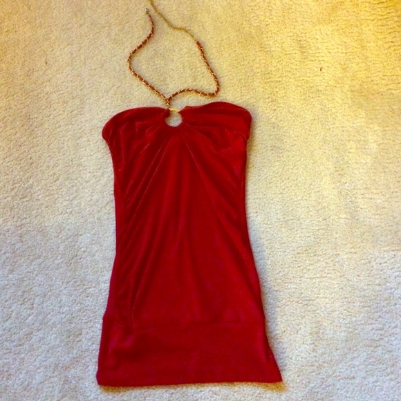 red halter top with gold colored faux leather chain - Picture 1 of 3